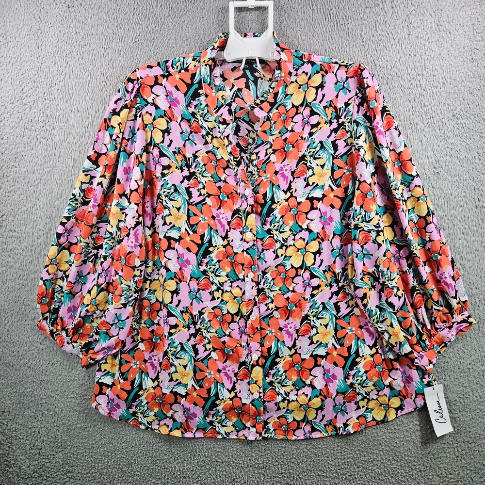 NEW Calessa Top Blouse Women 2X Button Up Colorful‎ Floral Print